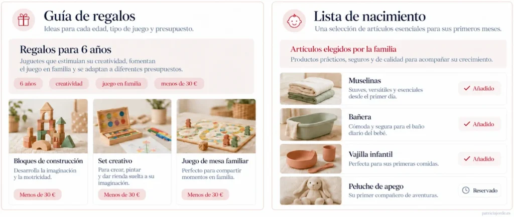 Ejemplo de guía de regalos y listas en tienda online de bebés