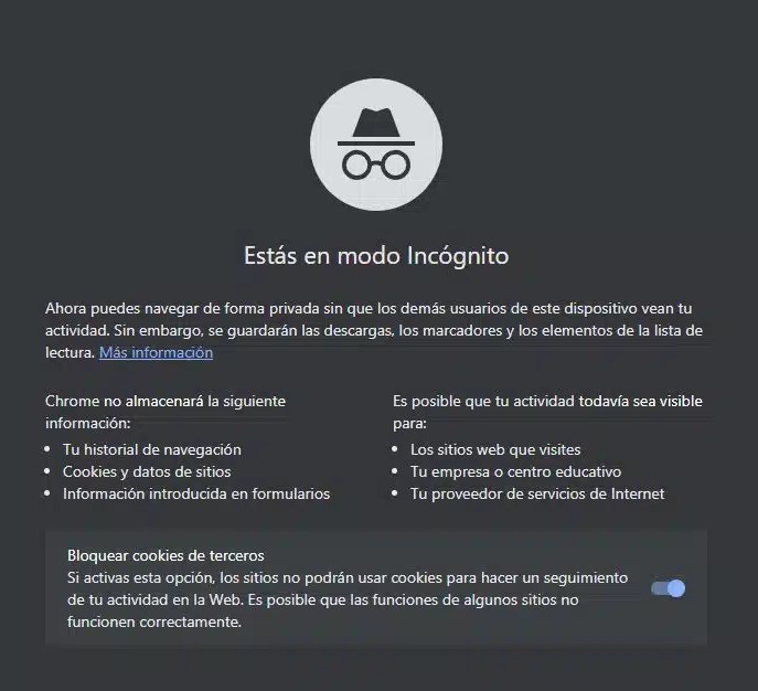 Pantalla del modo incógnito de los navegadores