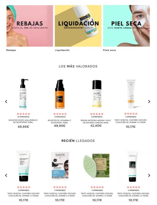 Categorías y productos destacados home ecommerce cosméticos