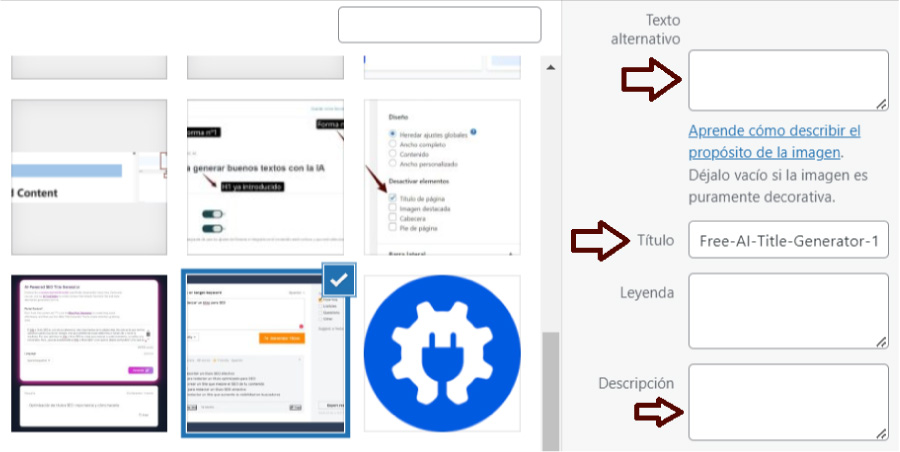 Campos para introducir alt text y título imágenes en WordPress