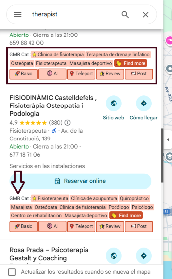 Categorías de competidores en Maps con GMB everywhere