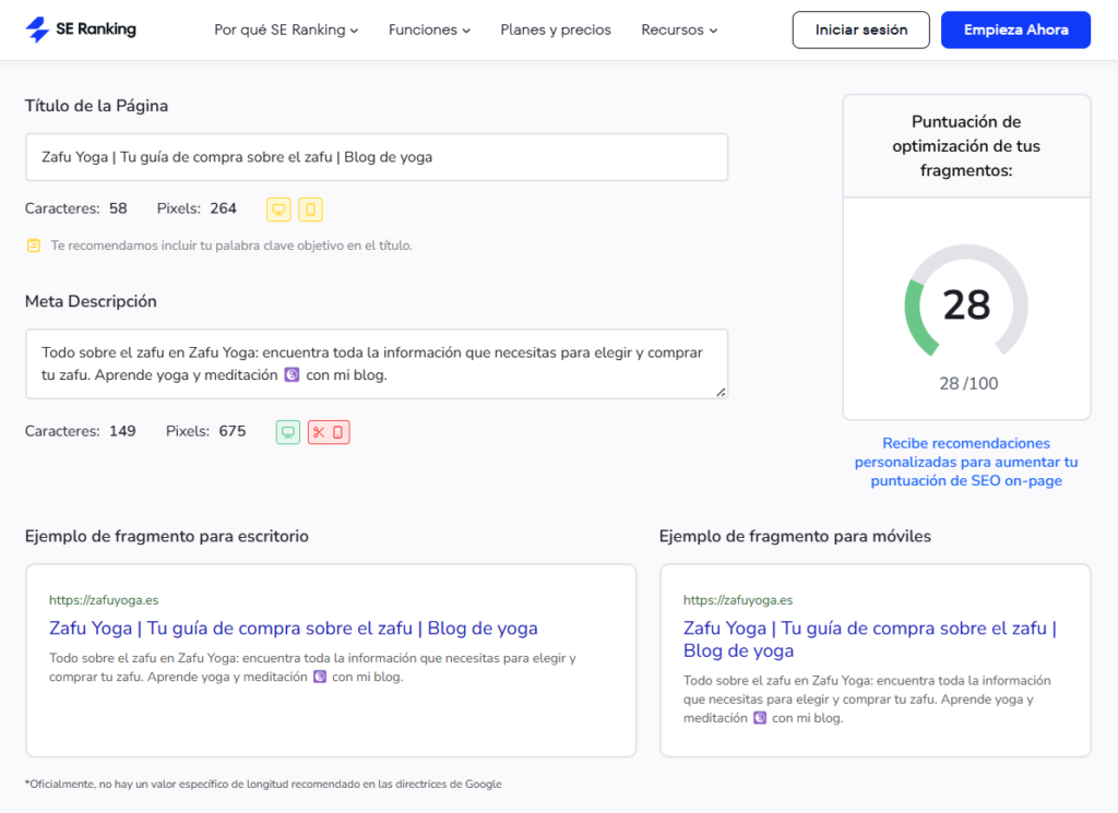 Comprobador de títulos y descripciones SEO de SE Ranking.