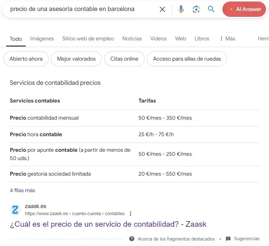Tabla destacada en resultados de Google de web local de asesoría