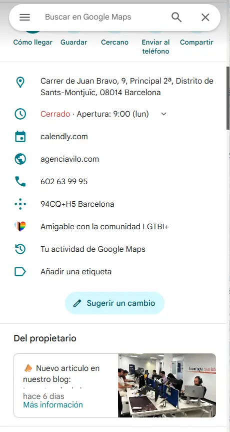 Ejemplo de perfil de empresa de Google