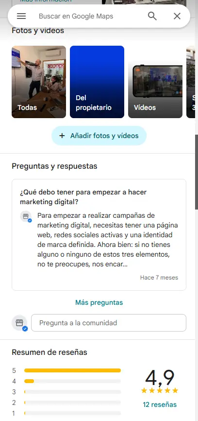 Ejemplo de ficha de negocio de Google