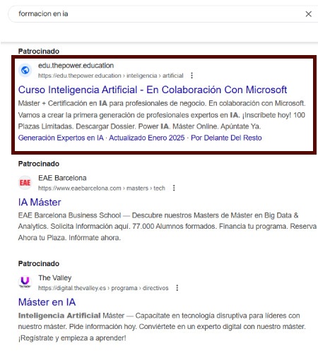 Ejemplo de publicidad en Google (SEM)