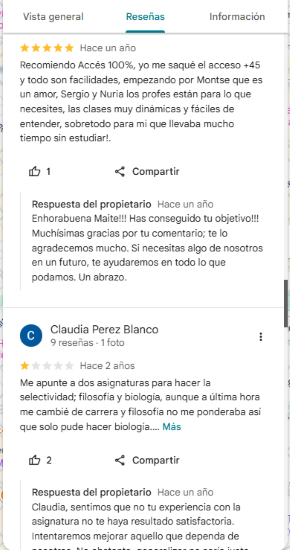 Ejemplos de reseñas positivas y negativas en Business Profile