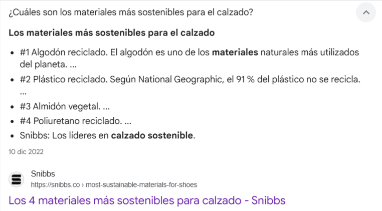 Ejemplo de respuesta destacado en las preguntas de Google