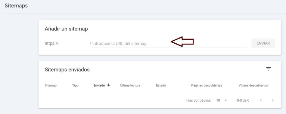 Pantalla de envío de sitemap para aparecer en búsquedas de Google