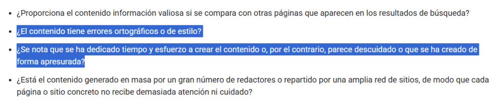 Captura directrices de Google sobre la ortografía del contenido