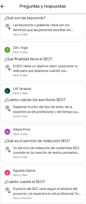Ejemplo de FAQS en ficha de negocio de Google