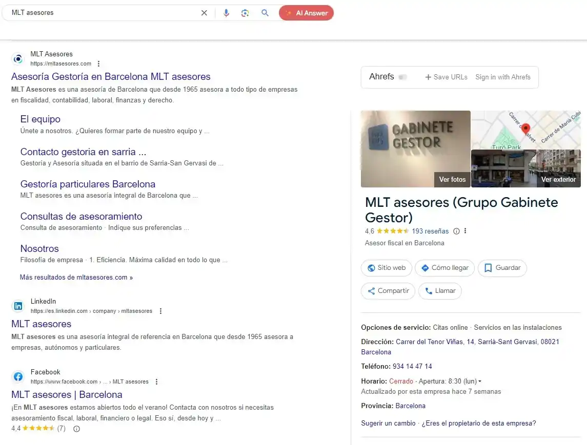 Ejemplo de ficha de Business Profile de gestoría asesoría