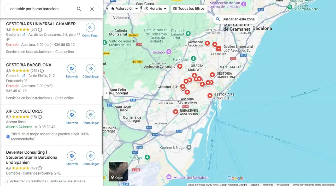 Resultados de gestorías en Google Maps