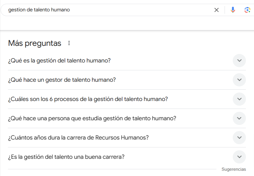 Ejemplo de preguntas relacionadas de Google (PAA's)