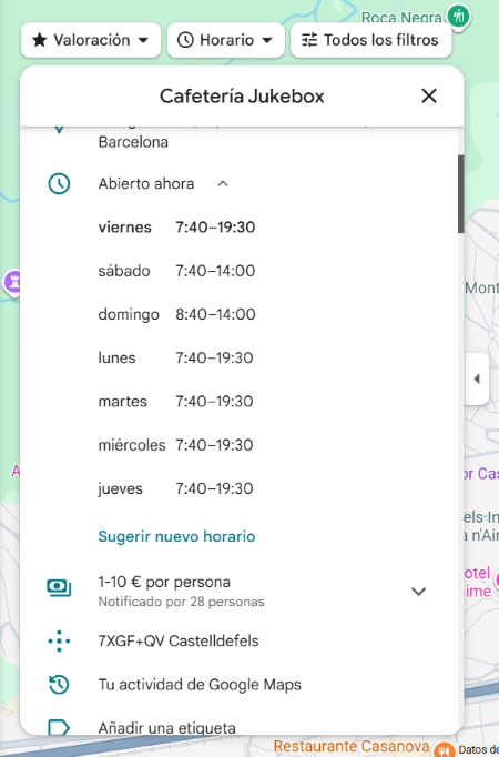 Horarios compeltos en el perfil de empresa de Google