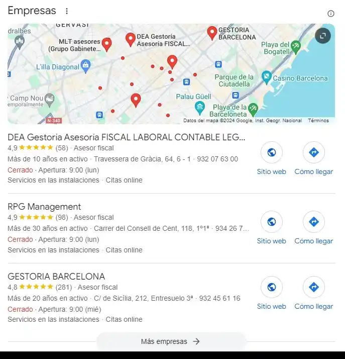 Resultados de mapas en el Local Pack de Google