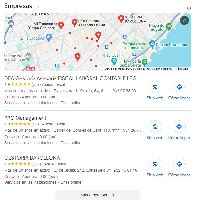 Resultados del Local Pack de Google