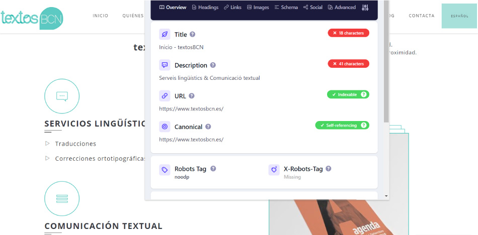 Diagnóstico de titles y metadescriptions con extensión SEO