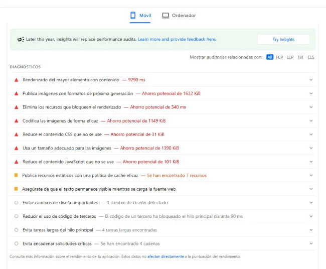 Indicaciones de problemas de WPO en Page Speed Insights