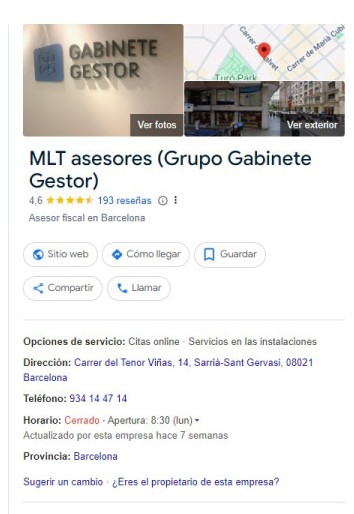 Vista de un perfil de empresa en Google