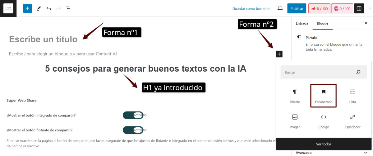 Cómo introducir el H1 en páginas o entradas de blog en WordPress
