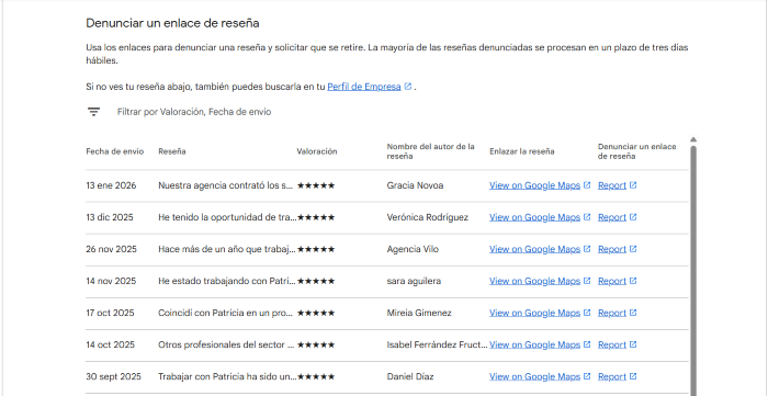 Formulario para eliminar reseñas de Google
