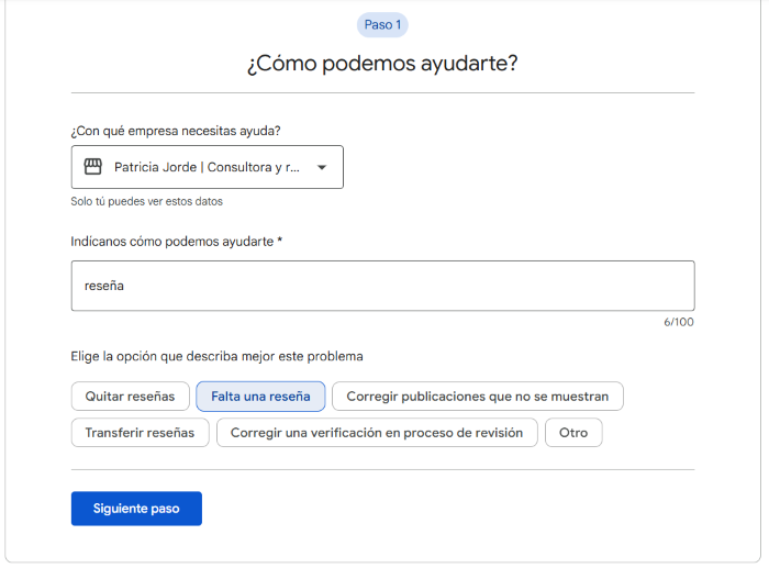 Formulario para recuperar reseñas de Google 