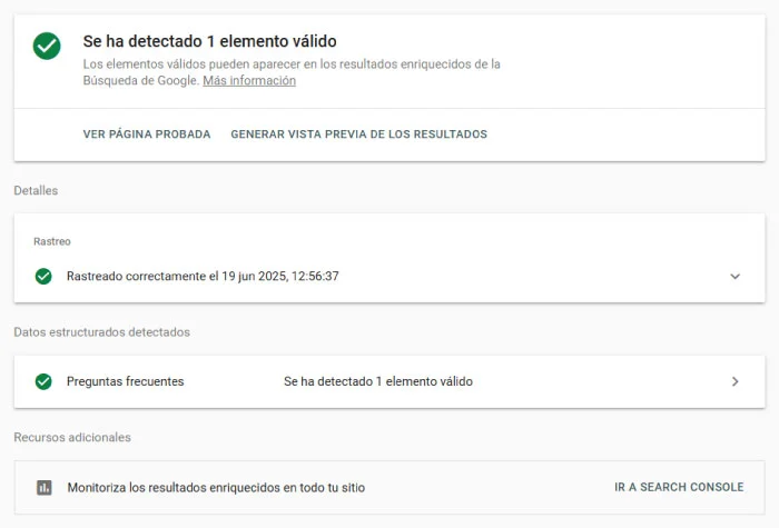 Test de prueba de datos estructurados de Google