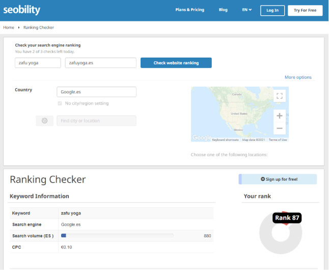 Comprobación de posición web con Ranking Checker de Seobility