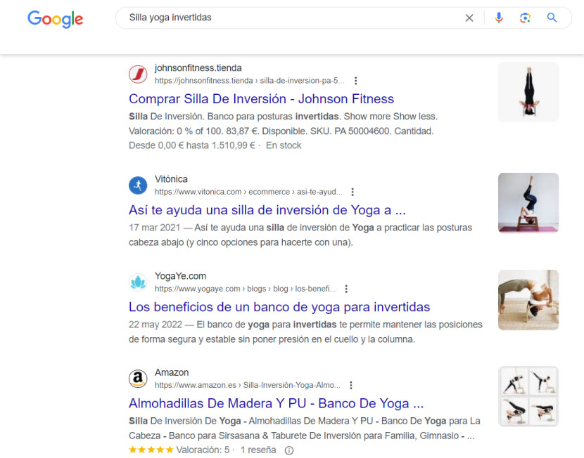 Captura de ejemplo de resultados orgánicos SEO o Serps