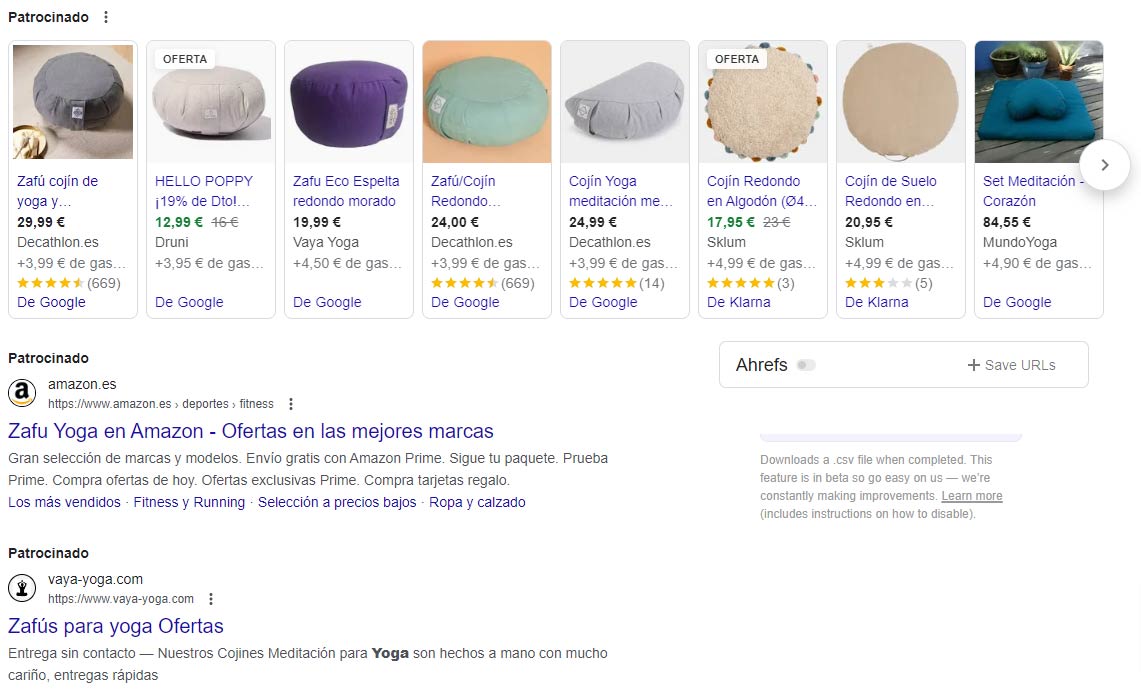 Ejemplo de resultados SEM en Google, con productos shopping