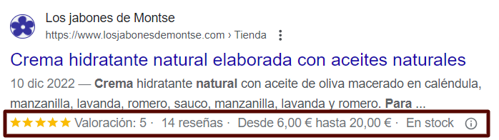 Fragmento de rich snippet o dato estructurado en ecommerce