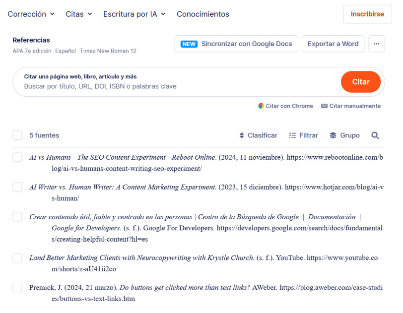 Bibliografía hecha con el generador de citas APA de Scribbr