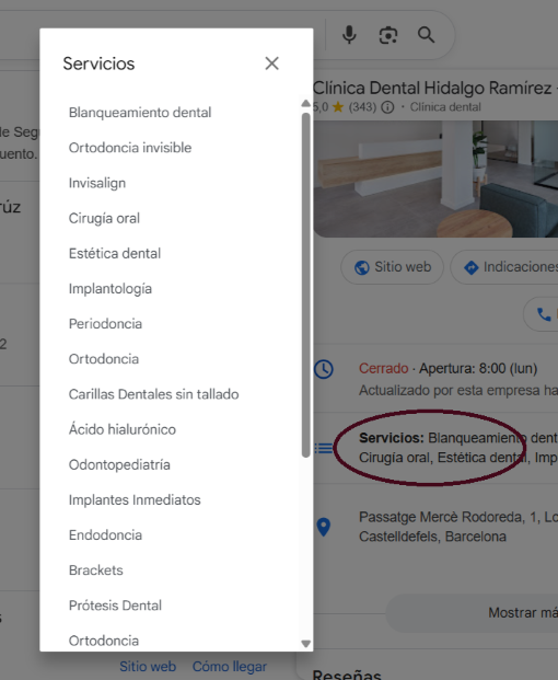 Listado de servicios en la ficha de Google de una clínica dental