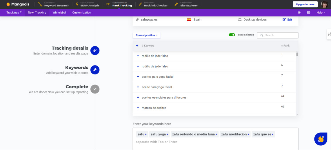 Comprobación de posición web con Tracking de Mangools