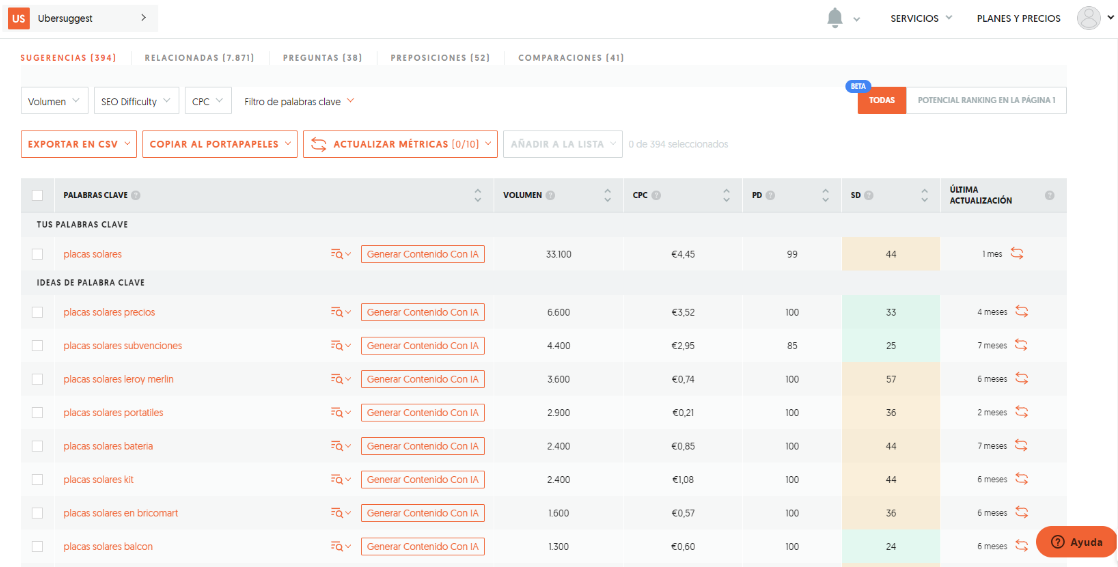 Buscar keywords con Ubbersuggest